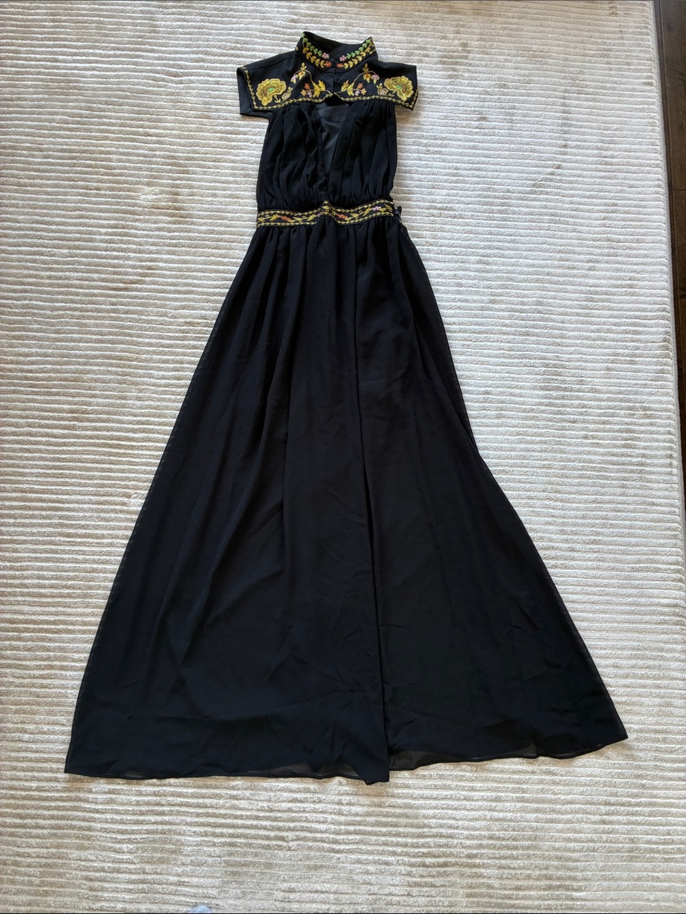 Nasty Gal Black Maxi Dress with Yellow & Green Embroidery *NWT*